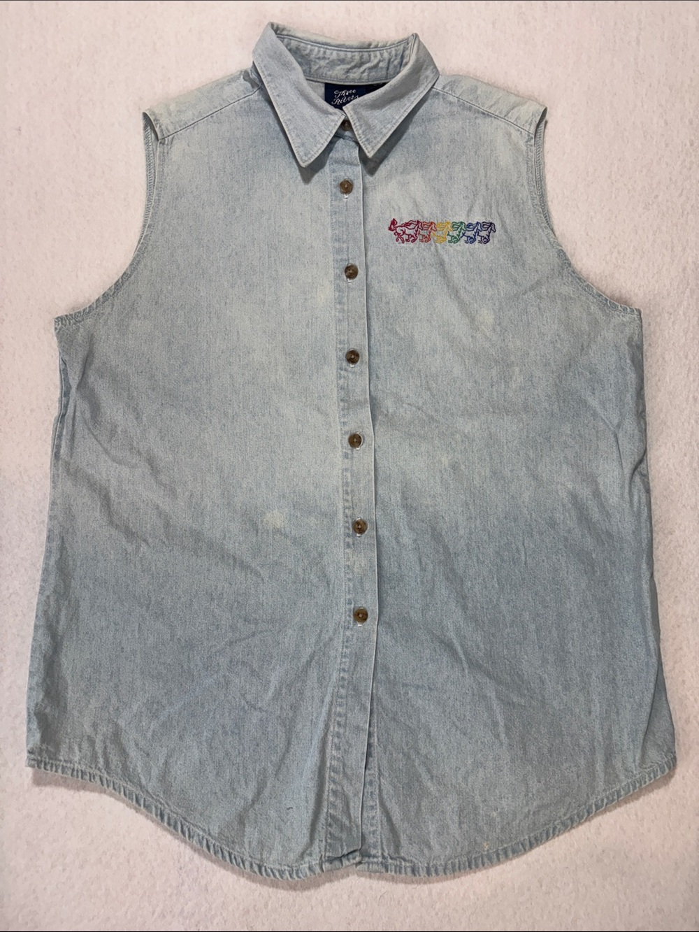 VTG Three Rivers Rainbow Horse Embroidery Denim Button Up Sleeveless Shirt XL